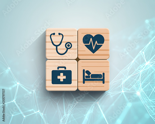 Medical icons on wooden blocks