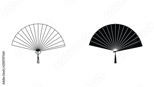 Pair of traditional folding fan in outline and solid black styles for asian cultural decor and summer accessory