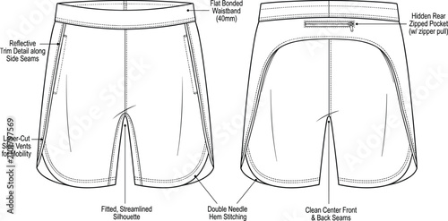 Foto Technical flat sketch of men’s athletic running shorts with zippered pocket for