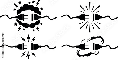 Obraz na płótnie Electric Plug Short Circuit and Explosion Solid Icon Set with Sparks Lightning F