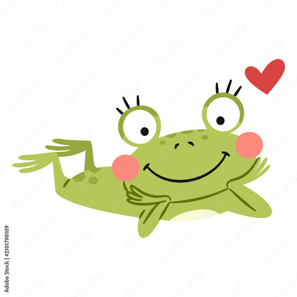 Fototapeta premium A cute frog is lying there, gazing lovingly. A flat vector illustration in a simple, childlike style. Vector illustration