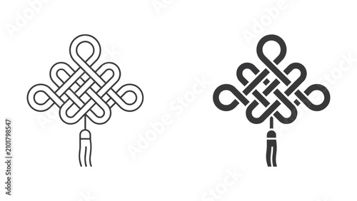 Two versions of a traditional chinese decorative knot one in outline and one in solid black, isolated on a white background