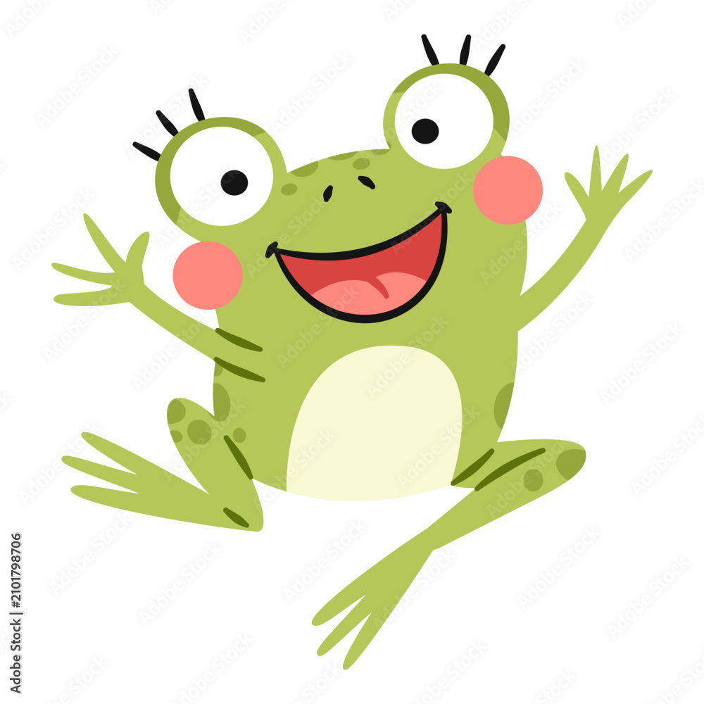 Fototapeta premium A cute frog is hopping happily. A flat vector illustration in a simple, child-friendly style. Vector illustration