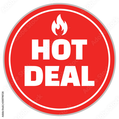 Hot deal sale tag, red circular discount button with a white flame icon, modern graphic design for special offers and limited