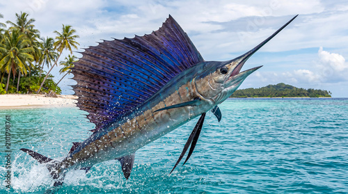 Majestic sailfish leaping out of tropical turquoise water against backdrop of exotic palm trees and blue sunny sky.