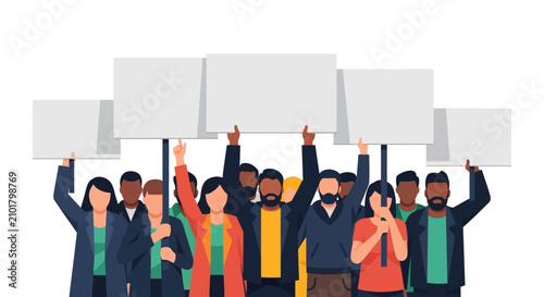 Diverse Group of People Protesting with Blank White Placards and Signs, Activism and Demonstration Vector Illustration