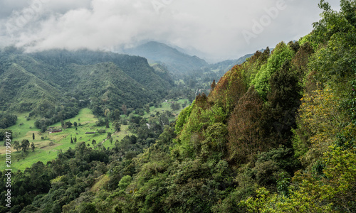 Foto Paisaje montañoso con bosque nublado y valle verde en la cordillera colombiana