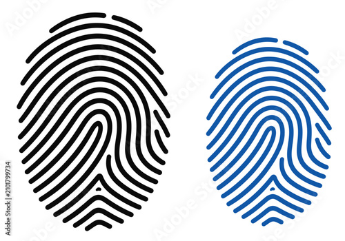 Schilderij op canvas Biometric fingerprint icons in black and blue, digital identity verification sym