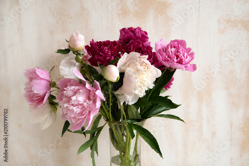 Elegant Bouquet of Pink, White and Burgundy Peonies in Glass Vase