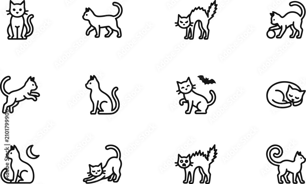 Fototapeta premium Halloween Black Cat Icon Set – 25 Minimal Cat Vector Icons Collection