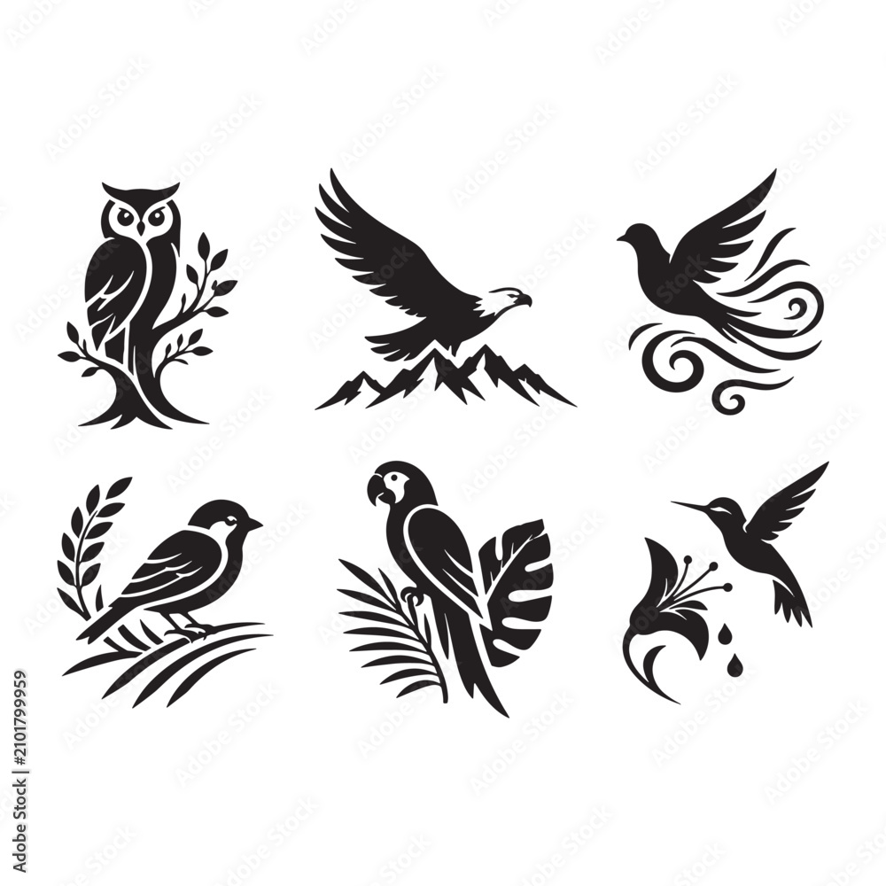 Obraz premium Black and white stylized bird illustrations with transparent background for artistic designs