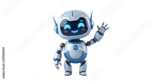 Cute Blue Screen Android Robot Character Waving Hand 3D Futuristic Technology Toy Illustration with Blue Plastic and Metal Robotic Design