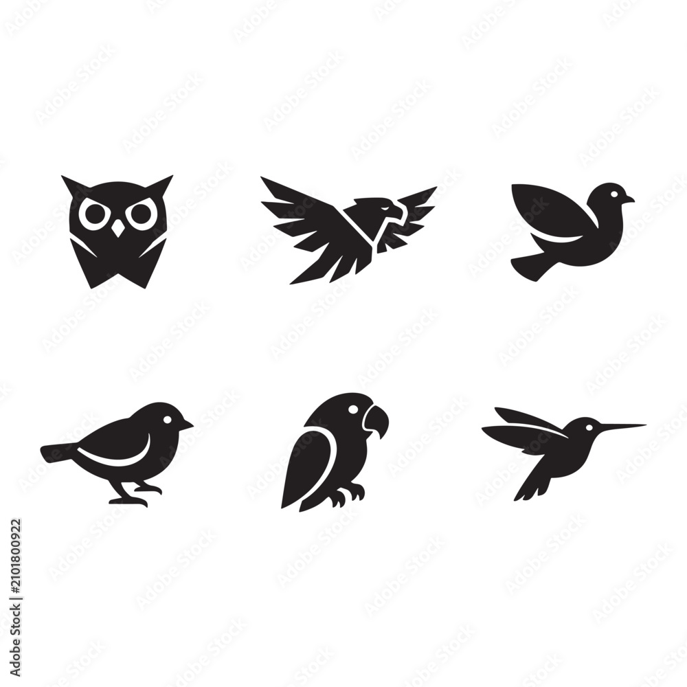 Fototapeta premium Six stylized black bird icons featuring owl hummingbird and parrot designs