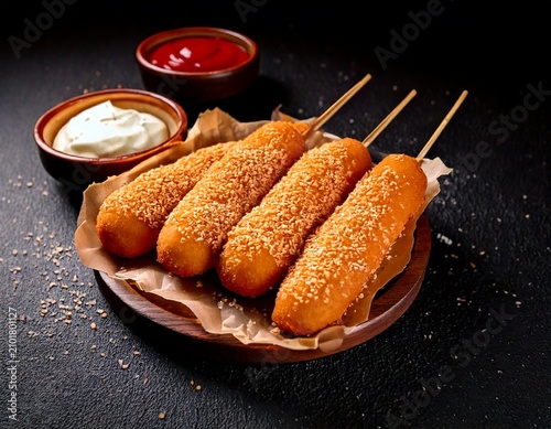 Golden Fried Corn Dogs Served with Sauces