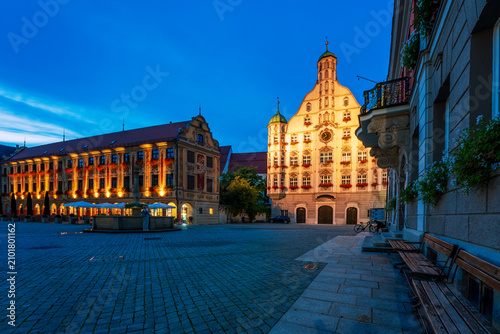 View of the market square and town hall of Memmingen in Germany.
