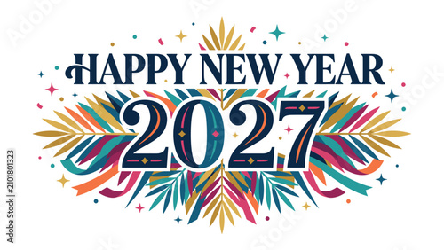 Fotografie Happy New Year 2027 Celebration: A vibrant and festive graphic design announces the arrival of 2027 with colorful abstract elements, celebratory starbursts, and elegant typography