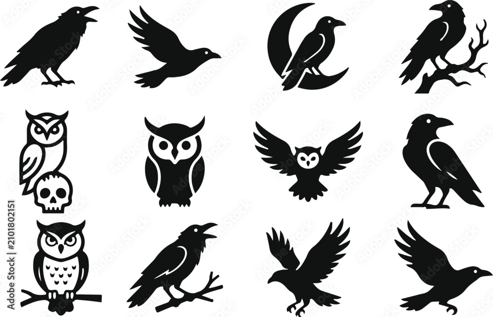 Fototapeta premium Halloween Crow Raven Owl Bird Silhouette Icon Set – 12 Minimal Spooky Black Bird Vector Icons Bundle