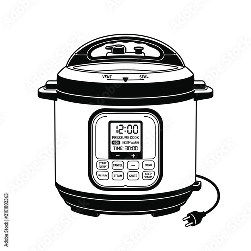 Digital pressure cooker front view line art.