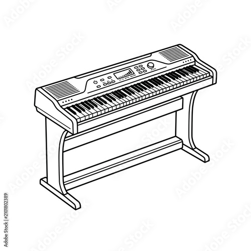 Digital piano on wooden studio stand.
