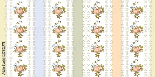 Elegant seamless autumn pattern featuring pastel pumpkins, delicate wildflowers and ornamental striped backgrounds in soft vintage colors. Perfect for fabric, wallpaper, wrapping paper, stationery 