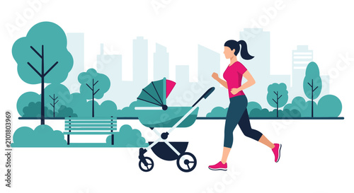 Woman Jogging with Baby Stroller in City Park, Active Mother Running in Urban Landscape Flat Vector Illustration