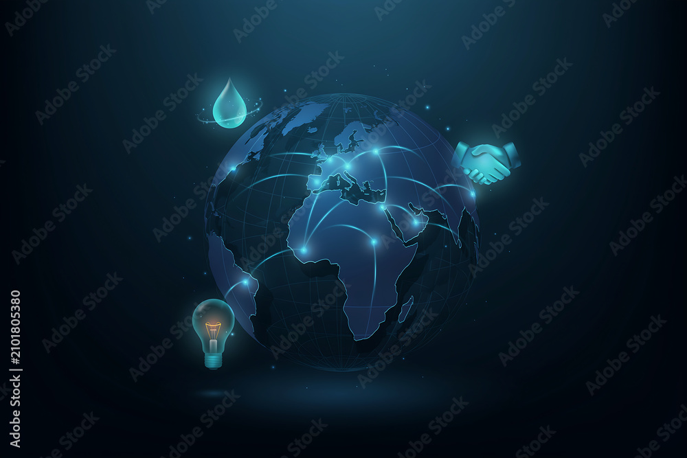 Obraz premium Glowing digital globe with network lines surrounded by sustainable energy icons representing global conservation partnership and international environmental collaboration