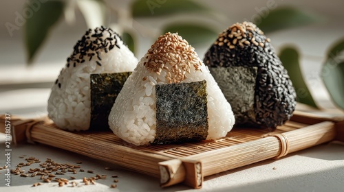 Three onigiri rice balls with sesame seeds and nori seaweed arranged on a bamboo mat