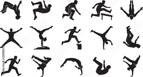 Foto Set of human silhouettes doing parkour jumps and extreme sports poses for active