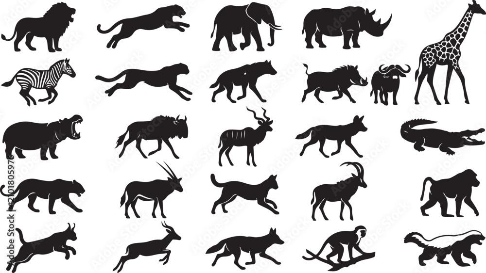 Obraz premium Set of wild african animal silhouettes including lion elephant giraffe zebra and many others
