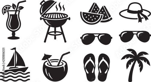 Set of black summer icons including beach items barbecue grill and tropical drinks