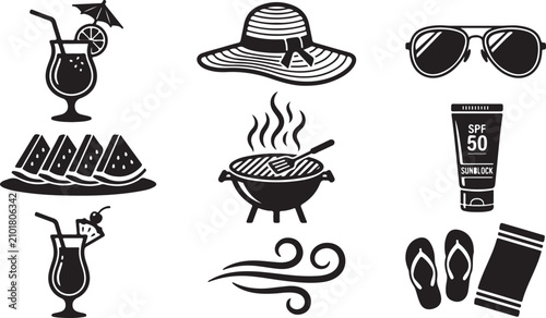 Cuadro en lienzo Set of black summer vacation icons including beach accessories barbecue watermel