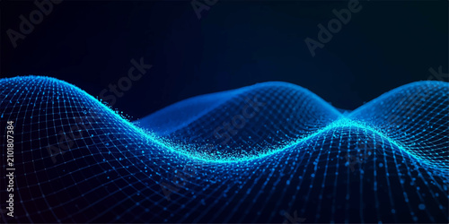 Futuristic Glowing Blue Technology Wave Background with Wireframe Mesh, Floating Particles and Dynamic Data Flow Lines, Abstract Digital Network Concept on Dark for Cyber and Tech Design.