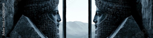 Two colossal royal heads in profile flank a central gateway, their bearded faces and crowns formed from intricate spirals and stepped patterns, set against a pale mountain horizon.