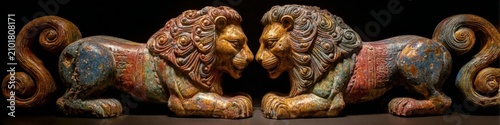 Two ancient Urartian guardian lion sculptures in profile, intricately carved with mineral blue, rust red, and gold pigments, set against a dark background with a cracked fresco texture.