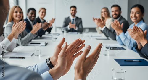 Close up of hands clapping with blurred business people applauding in background