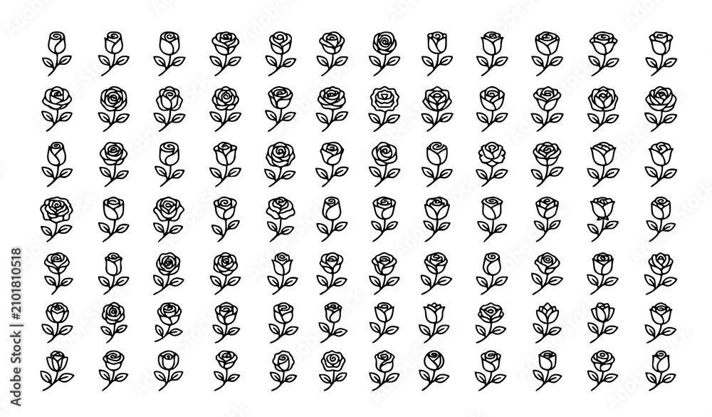 Fototapeta premium Elegant Minimal Rose Vector Icon Collection with Curved Stem and Two Leaf Outline Designs