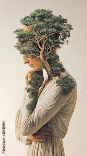 Surreal art of a woman’s body turning into a tree, nature connection, artistic, Generative AI illustrations.