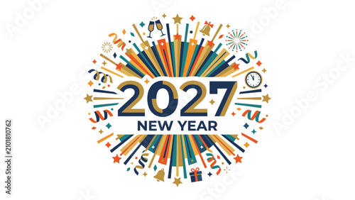 Tablou pe pânză Happy New Year 2027 Celebration: A vibrant and festive design featuring the year 2027 with a burst of colorful fireworks, confetti, champagne glasses, and stars