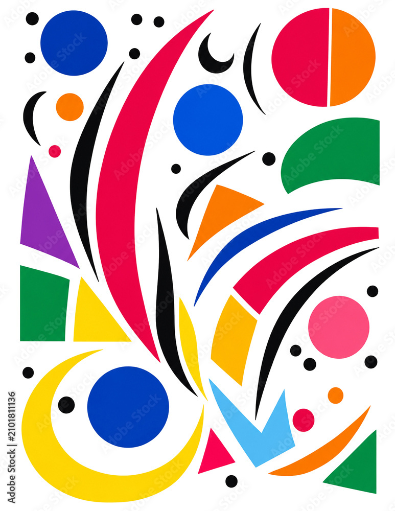 Fototapeta premium Colorful Abstract Geometric Memphis Composition with Bold Shapes on White Background