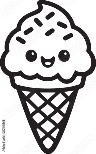 Cuadro en lienzo Cute ice cream cone with happy face and sprinkles cartoon style line art vector file