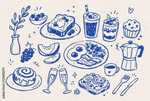 Breakfast brunch doodle vector illustration with blue hand drawn cafe food coffee fruit and morning meal icons