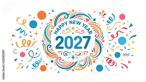 Foto Happy New Year 2027 Celebration Design: A festive and vibrant illustration announces Happy New Year 2027 with swirling decorative elements, confetti, and streamers