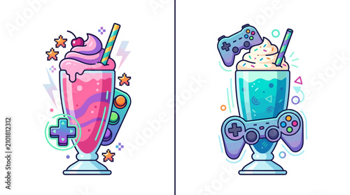 Colorful gaming themed milkshakes with generic game controllers vector
