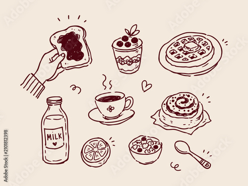 Breakfast and coffee doodle vector illustration with hand drawn croissant moka pot toast jam and brunch food icons