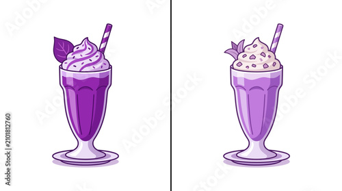Purple milkshake vector illustration with whipped cream and straw