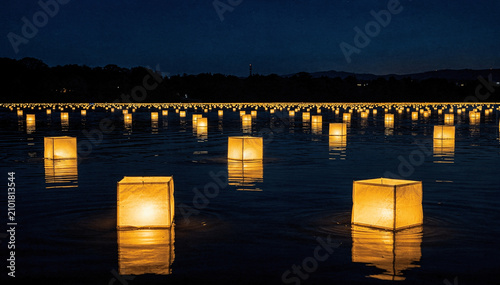 Nighttime Memorial Lanterns Floating and Reflecting on Calm Water