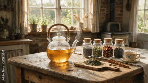 Healthy Organic Herbal Tea Brewing in Glass Teapot