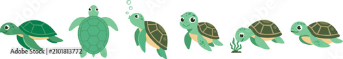 Cute Cartoon Sea Turtle Character Vector Set in Various Poses Swimming Floating Top Down View blowing Bubbles and Eating Seaweed for Kids Illustrations