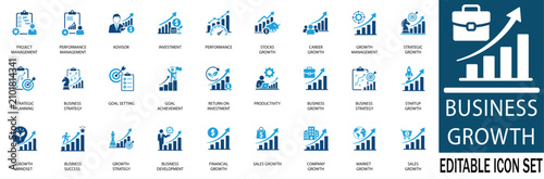 Business growth and strategic management icon set. Financial investment, startup success, and corporate development blue vector icons. Editable isolated graphics.