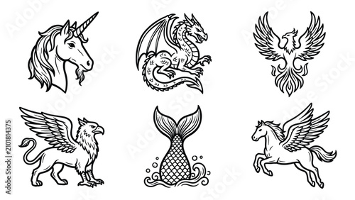 Schilderij op canvas Set of six hand drawn mythical creatures and legendary fantasy beasts icons